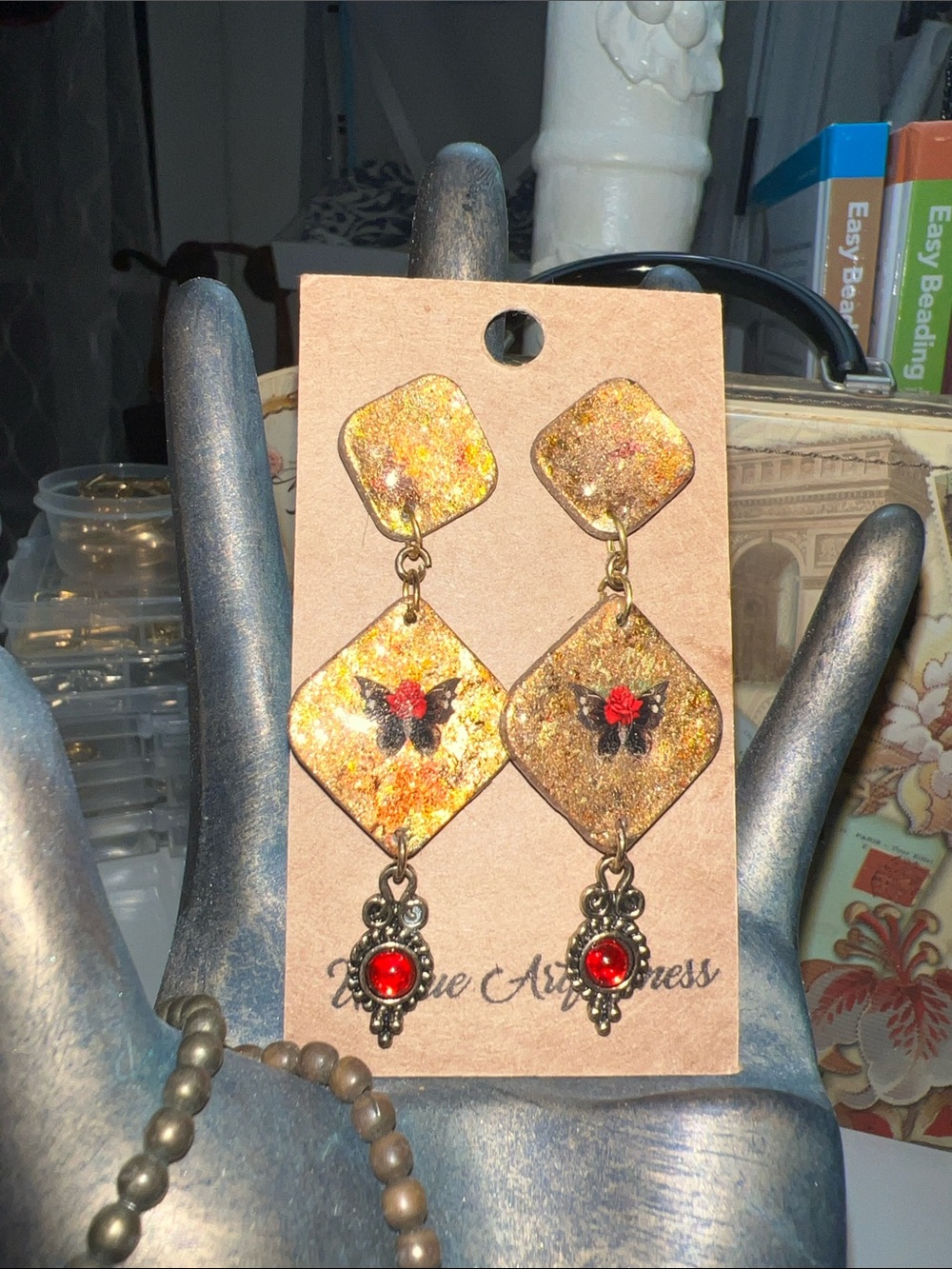 Handcrafted Gold-Tone Butterfly Drop Earrings with Red Accents